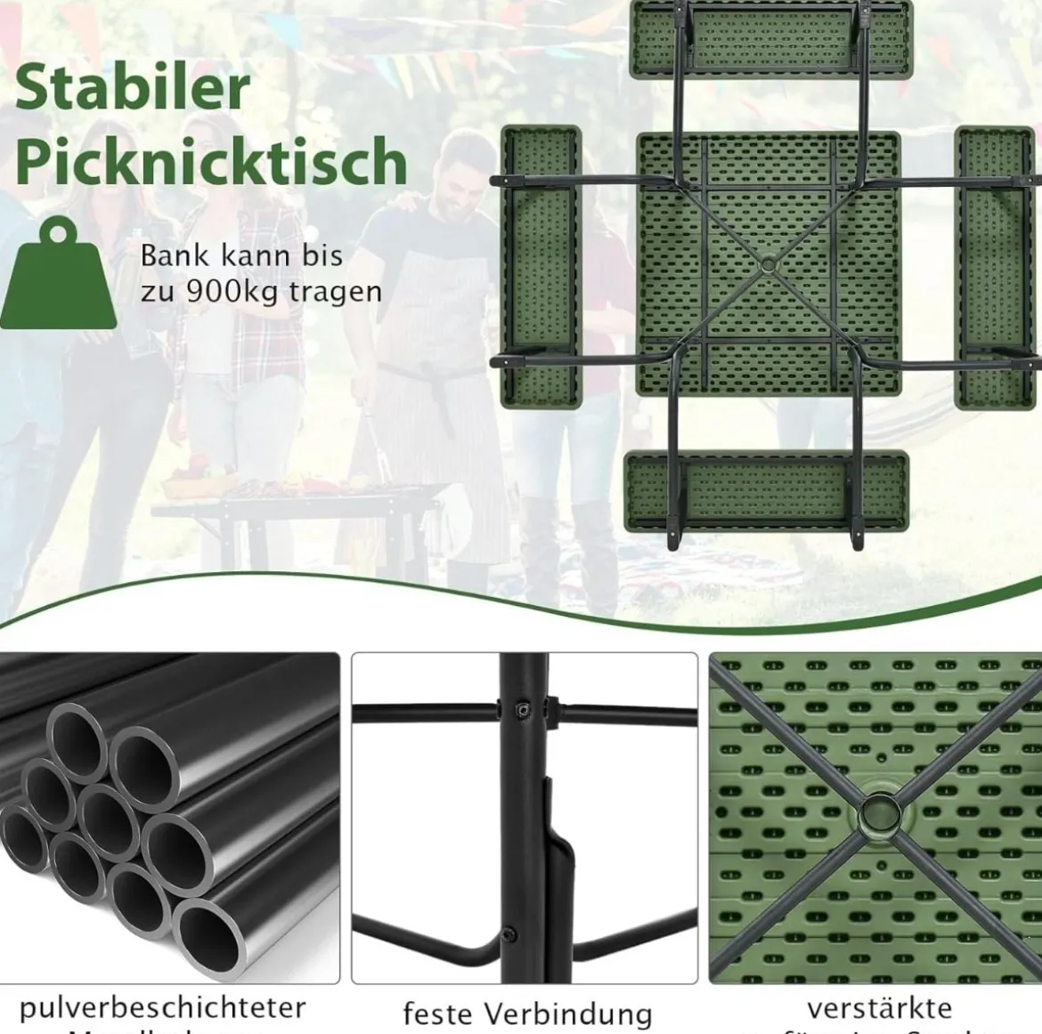 Runder Picknicktisch mit 4 Bänken & Schirmloch für 8 Personen Tragkraft von 900 kg Campingtisch