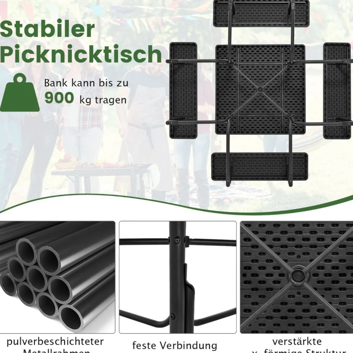 Runder Picknicktisch mit 4 Bänken & Schirmloch für 8 Personen Tragkraft von 900 kg Campingtisch
