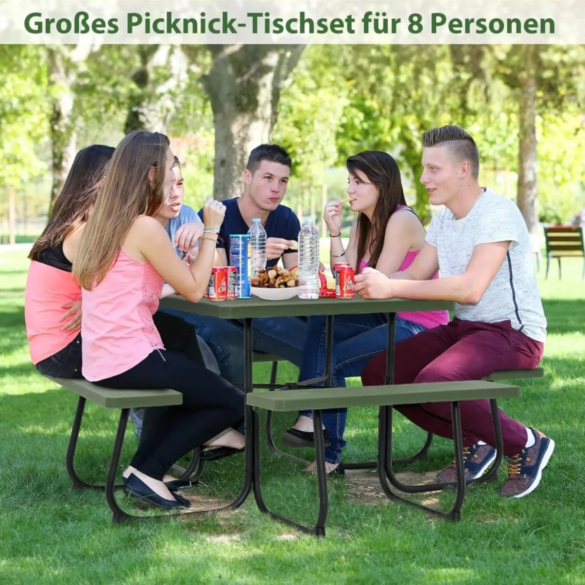 Runder Picknicktisch mit 4 Bänken & Schirmloch für 8 Personen Tragkraft von 900 kg Campingtisch
