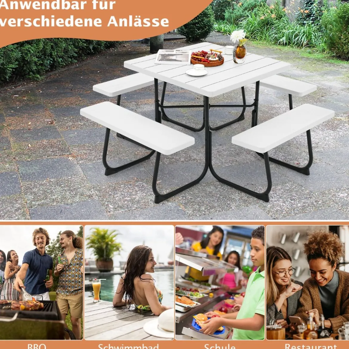 Runder Picknicktisch mit 4 Bänken & Schirmloch für 8 Personen Tragkraft von 900 kg Campingtisch
