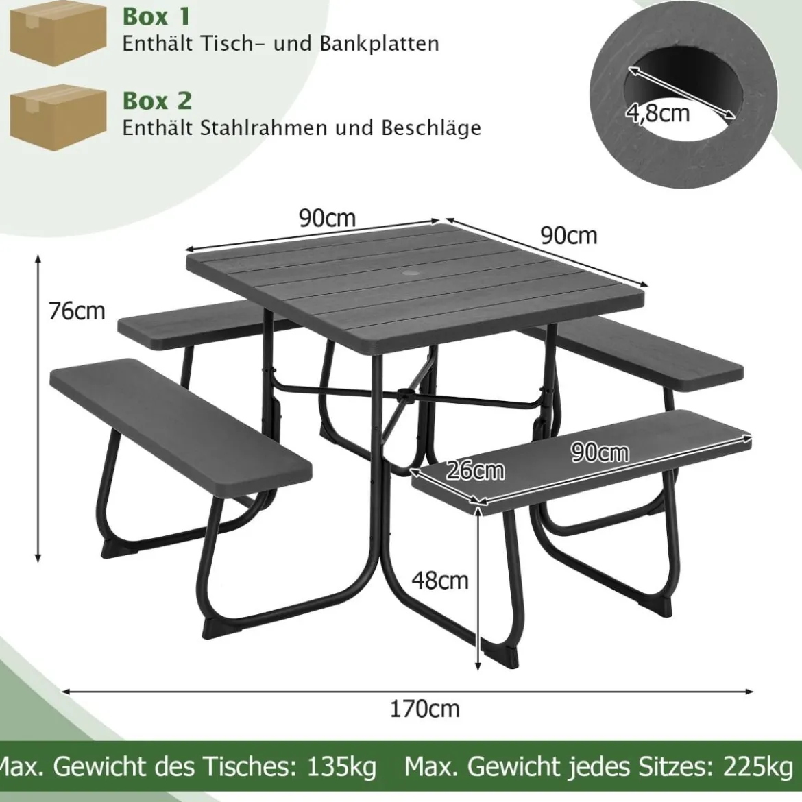 Runder Picknicktisch mit 4 Bänken & Schirmloch für 8 Personen Tragkraft von 900 kg Campingtisch