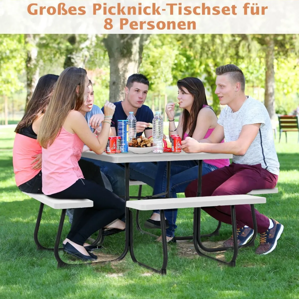 Runder Picknicktisch mit 4 Bänken & Schirmloch für 8 Personen Tragkraft von 900 kg Campingtisch