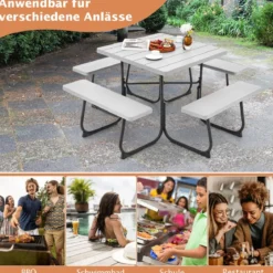 Runder Picknicktisch mit 4 Bänken & Schirmloch für 8 Personen Tragkraft von 900 kg Campingtisch