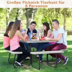 Runder Picknicktisch mit 4 Bänken & Schirmloch für 8 Personen Tragkraft von 900 kg Campingtisch