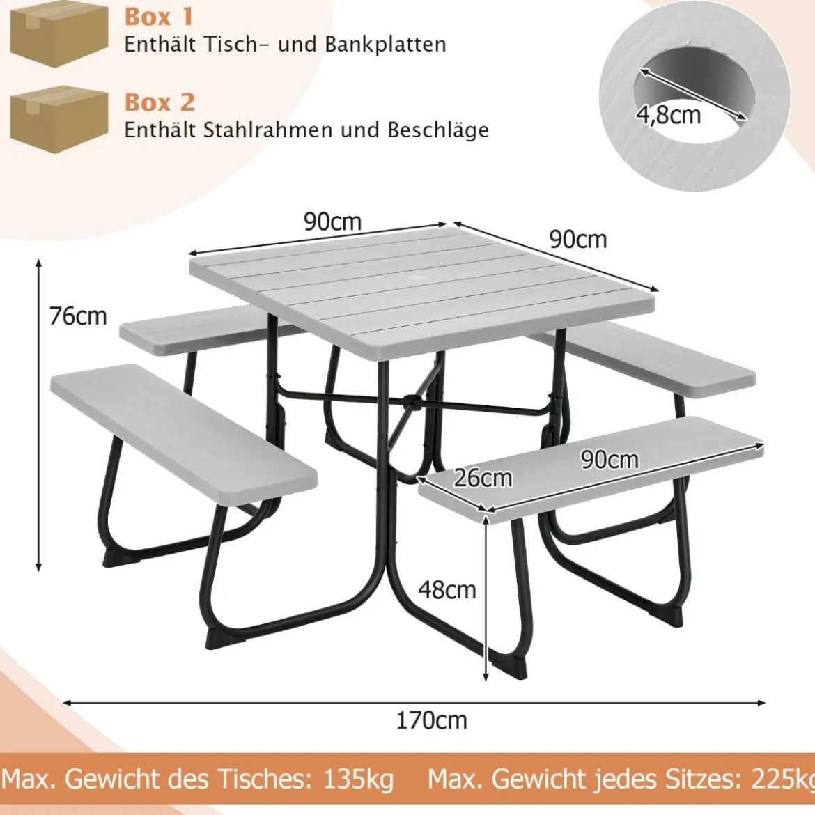 Runder Picknicktisch mit 4 Bänken & Schirmloch für 8 Personen Tragkraft von 900 kg Campingtisch