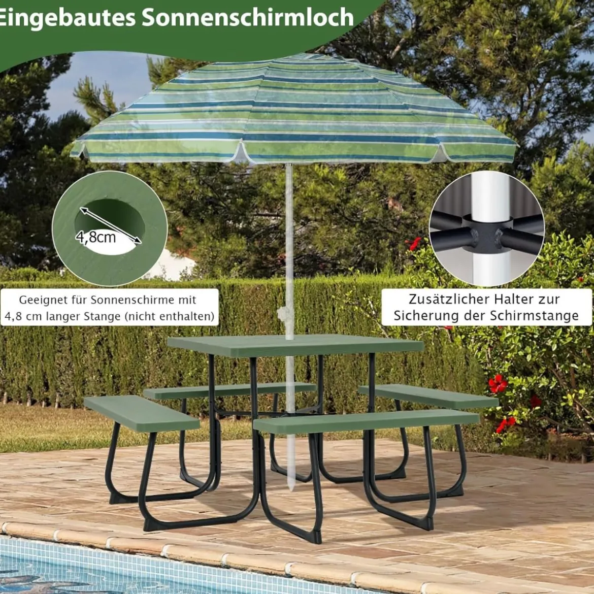 Runder Picknicktisch mit 4 Bänken & Schirmloch für 8 Personen Tragkraft von 900 kg Campingtisch