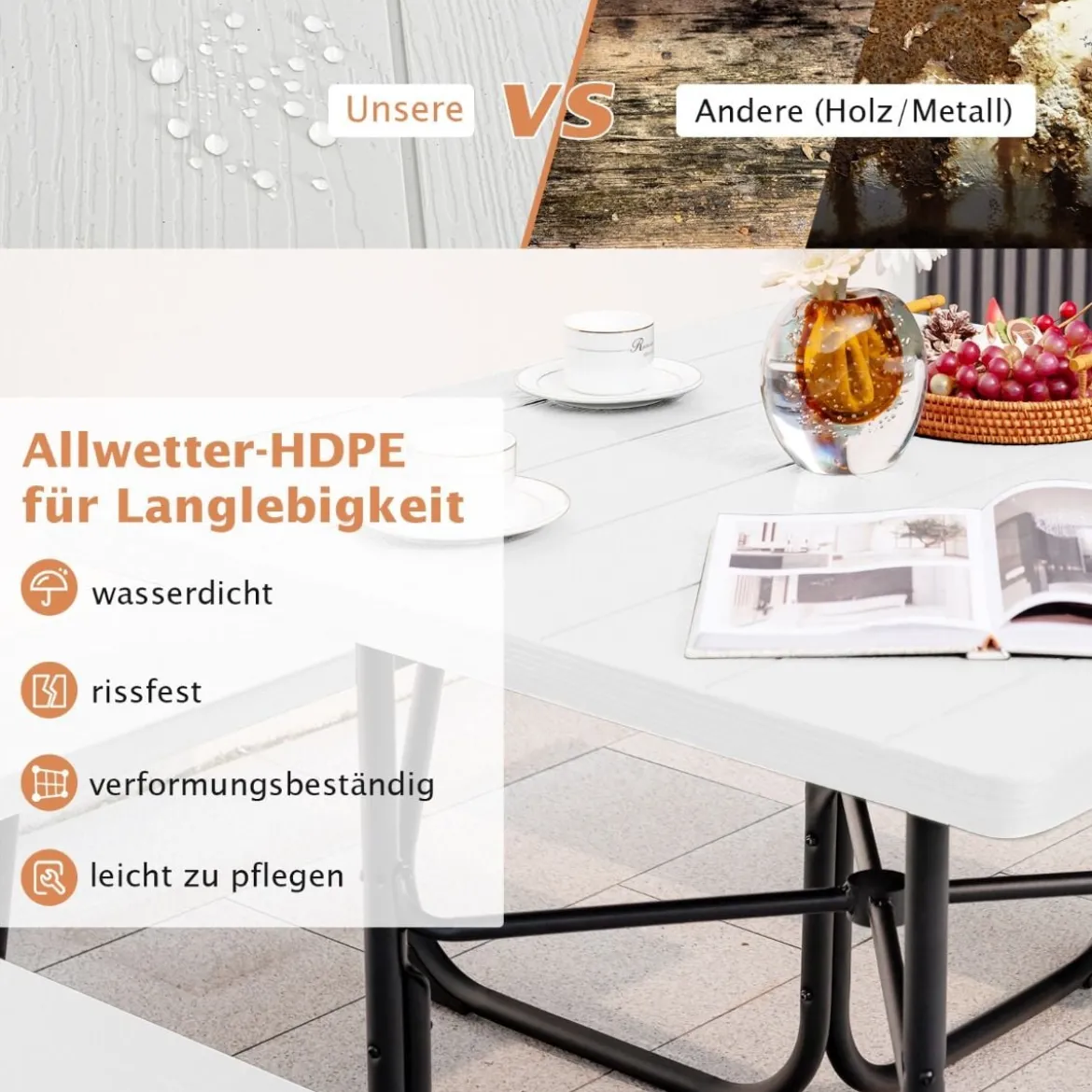 Runder Picknicktisch mit 4 Bänken & Schirmloch für 8 Personen Tragkraft von 900 kg Campingtisch