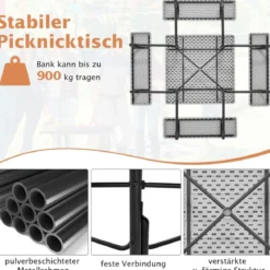 Runder Picknicktisch mit 4 Bänken & Schirmloch für 8 Personen Tragkraft von 900 kg Campingtisch