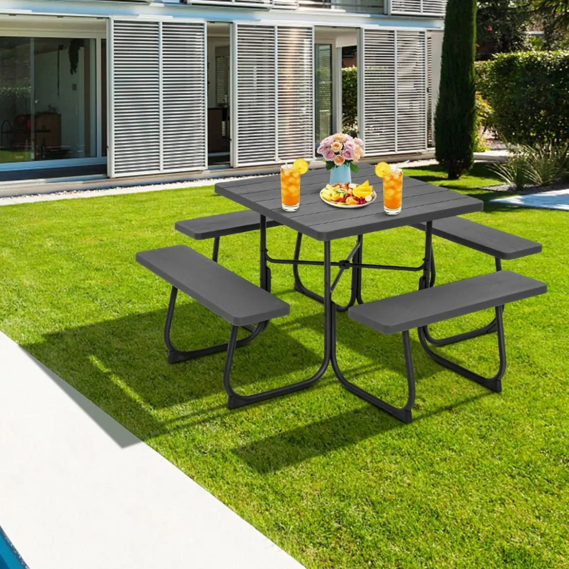 Runder Picknicktisch mit 4 Bänken & Schirmloch für 8 Personen Tragkraft von 900 kg Campingtisch