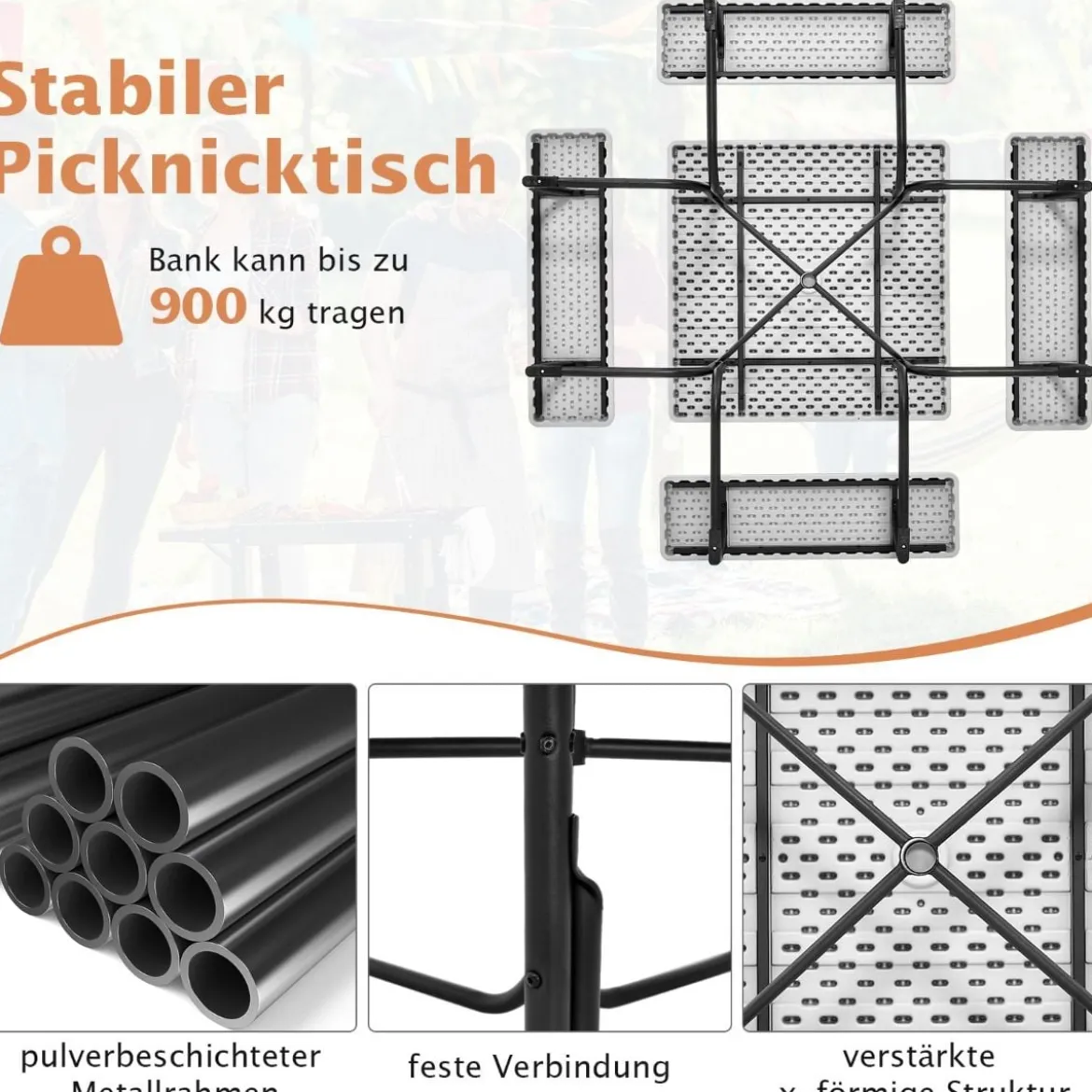 Runder Picknicktisch mit 4 Bänken & Schirmloch für 8 Personen Tragkraft von 900 kg Campingtisch