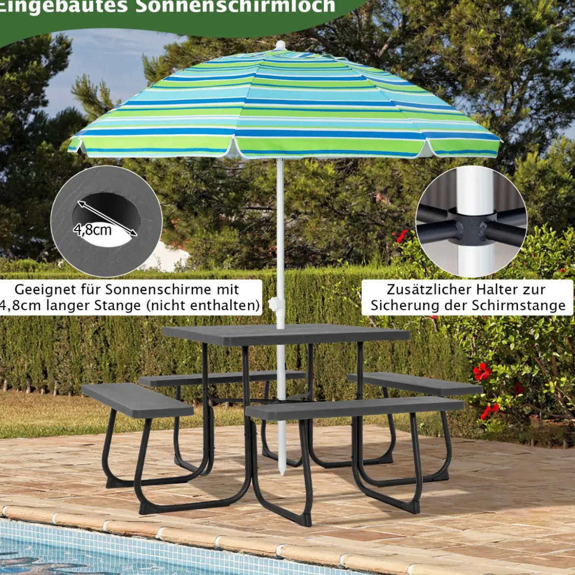 Runder Picknicktisch mit 4 Bänken & Schirmloch für 8 Personen Tragkraft von 900 kg Campingtisch