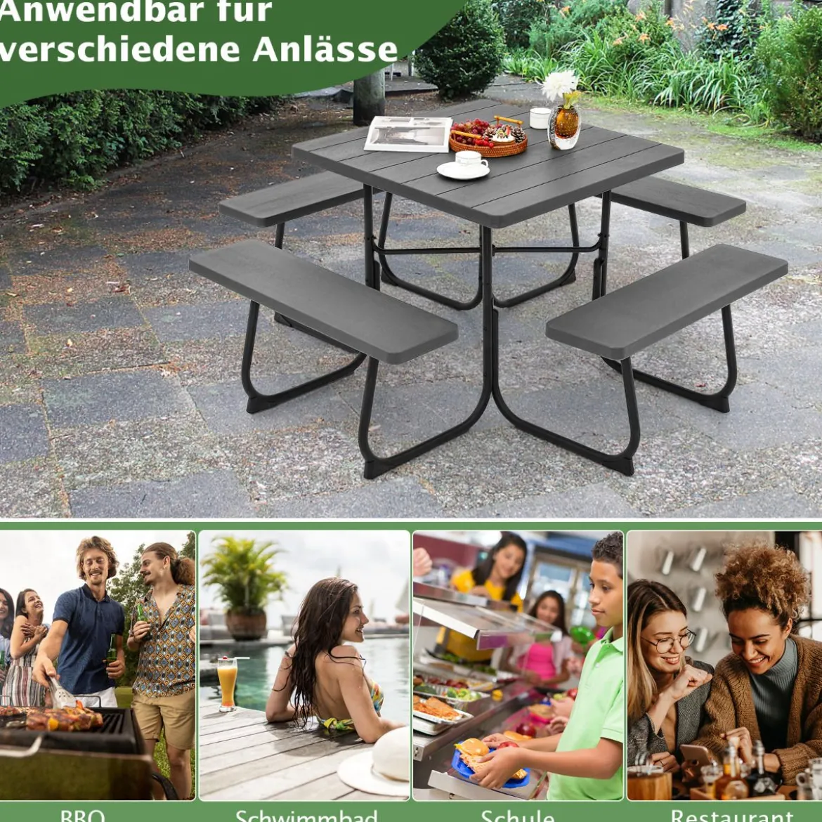 Runder Picknicktisch mit 4 Bänken & Schirmloch für 8 Personen Tragkraft von 900 kg Campingtisch
