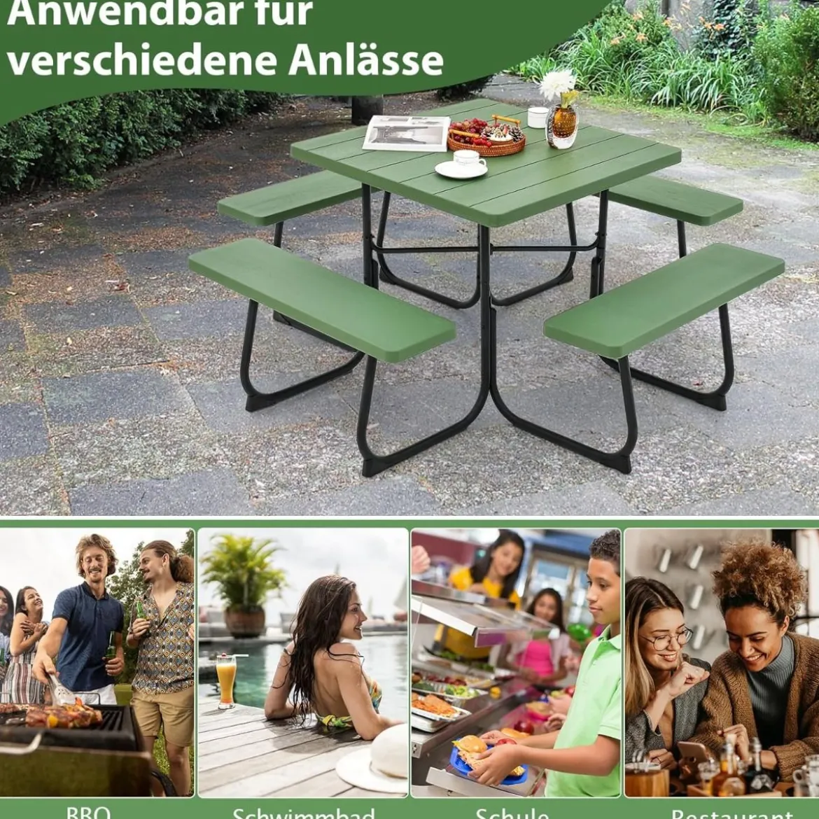 Runder Picknicktisch mit 4 Bänken & Schirmloch für 8 Personen Tragkraft von 900 kg Campingtisch