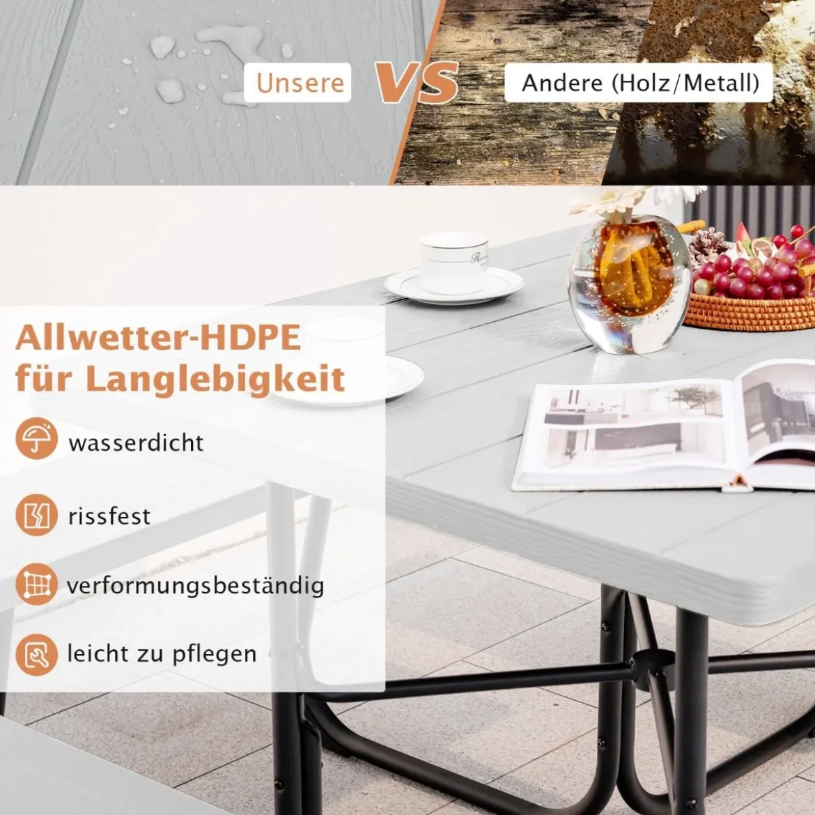 Runder Picknicktisch mit 4 Bänken & Schirmloch für 8 Personen Tragkraft von 900 kg Campingtisch