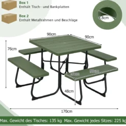 Runder Picknicktisch mit 4 Bänken & Schirmloch für 8 Personen Tragkraft von 900 kg Campingtisch