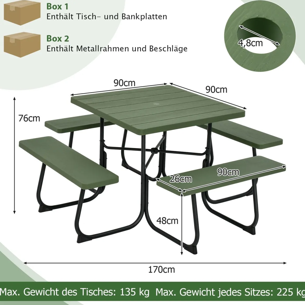 Runder Picknicktisch mit 4 Bänken & Schirmloch für 8 Personen Tragkraft von 900 kg Campingtisch