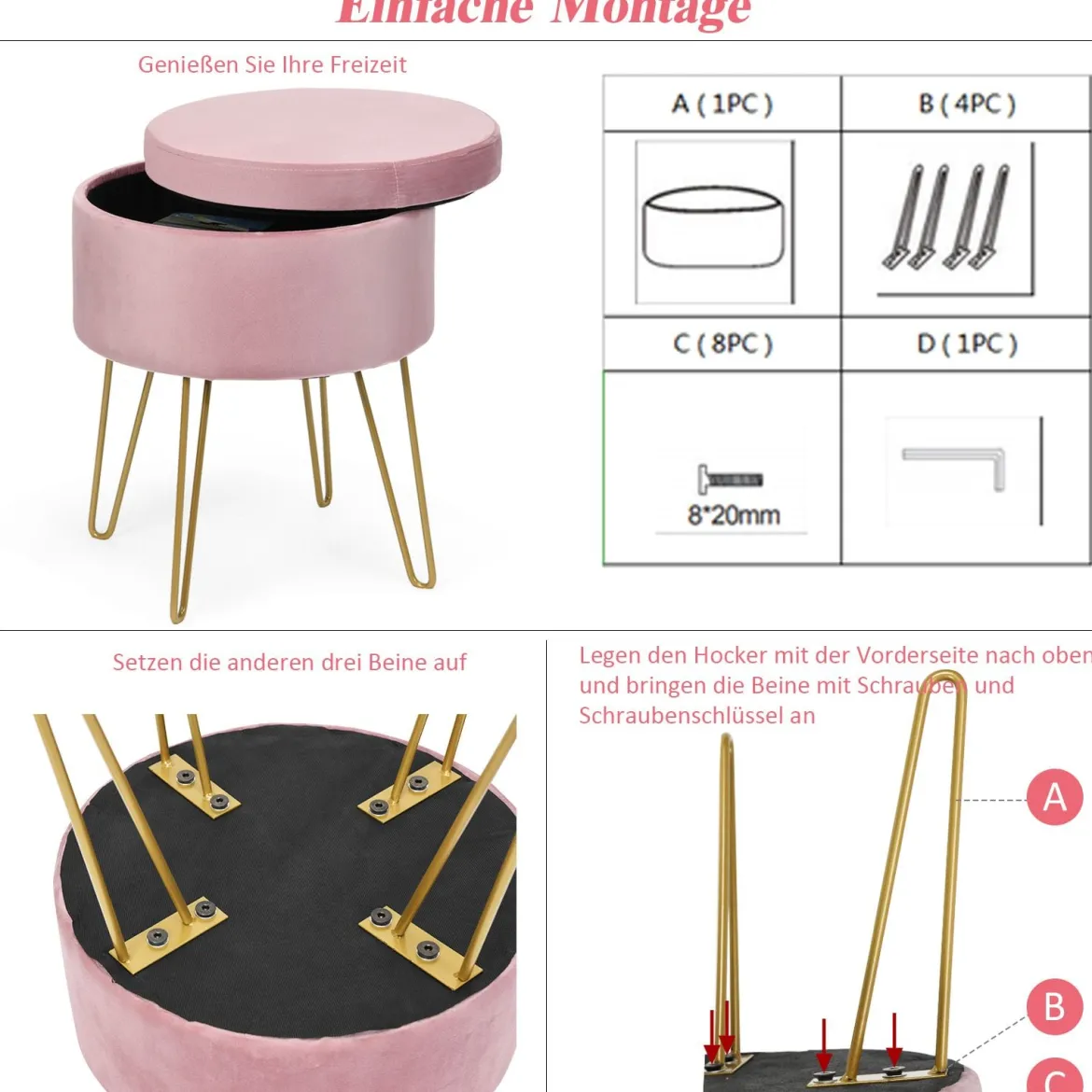 Runder Polsterhocker Stuhl Samt Aufbewahrungs- Fußhocker 38 x 38 x 46,5 cm Rosa