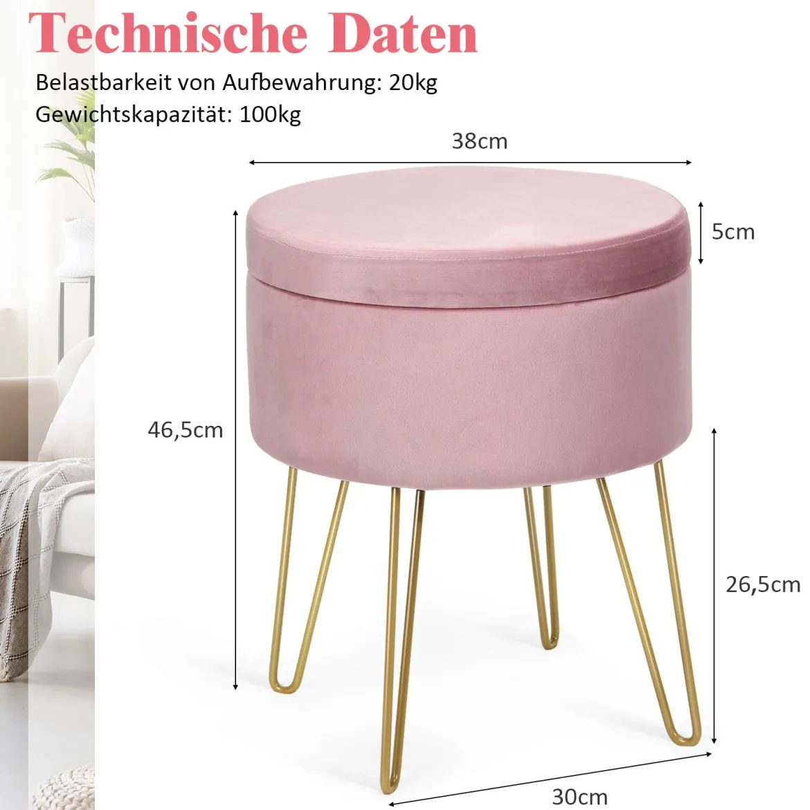 Runder Polsterhocker Stuhl Samt Aufbewahrungs- Fußhocker 38 x 38 x 46,5 cm Rosa