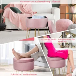 Runder Polsterhocker Stuhl Samt Aufbewahrungs- Fußhocker 38 x 38 x 46,5 cm Rosa