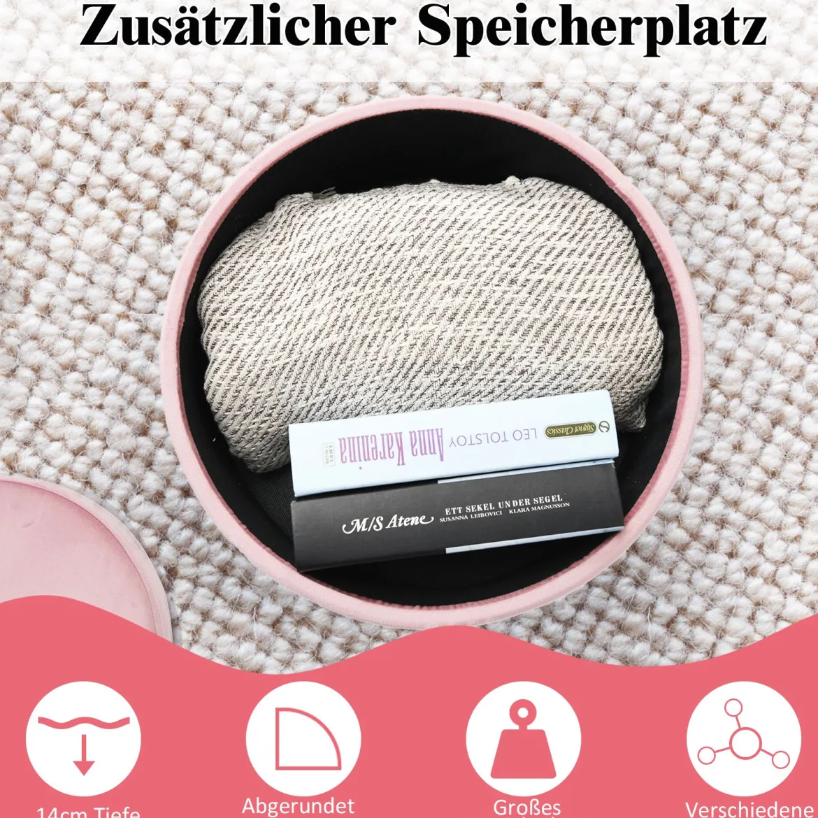Runder Polsterhocker Stuhl Samt Aufbewahrungs- Fußhocker 38 x 38 x 46,5 cm Rosa