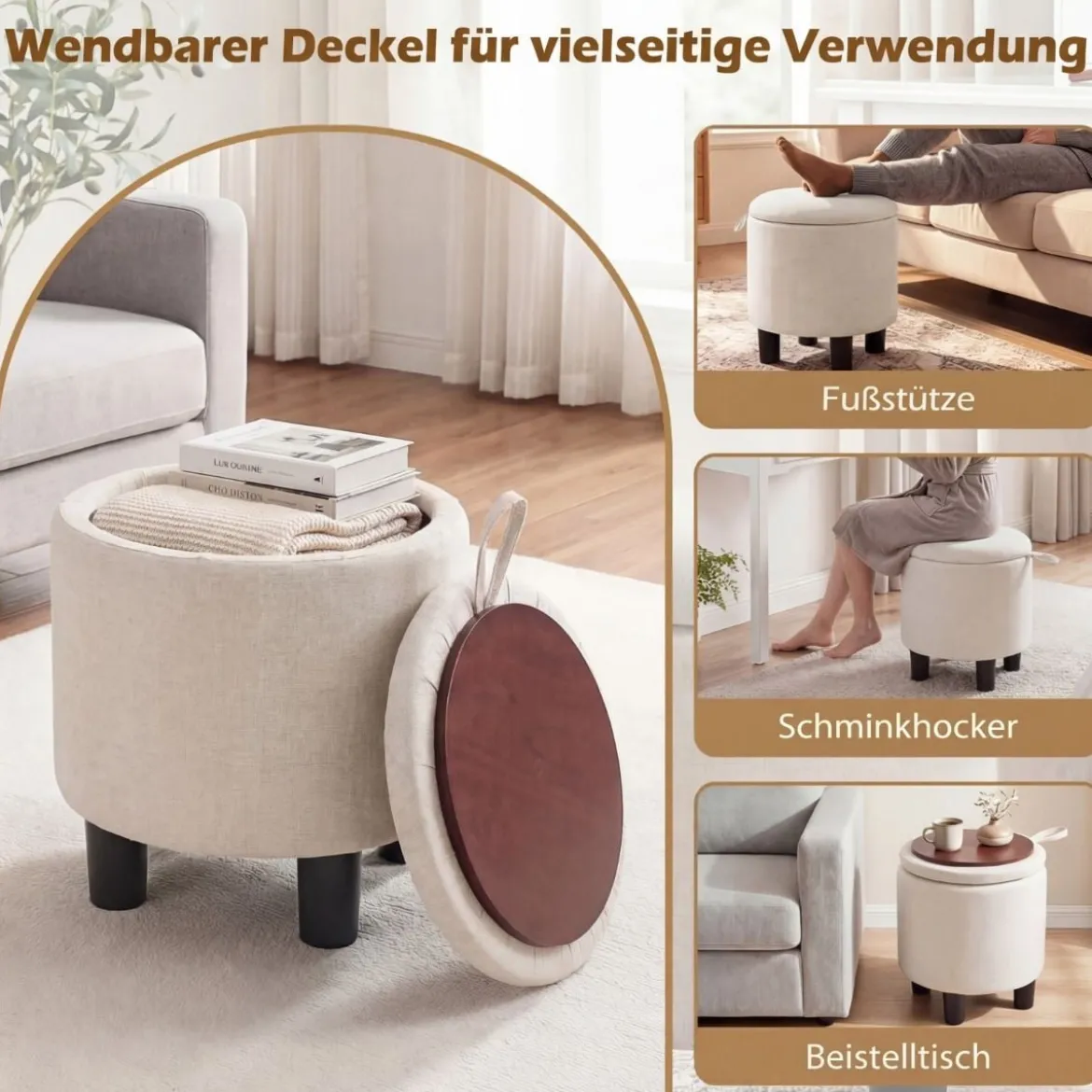 Runder Sitzhocker aus Leinen Ø38 cm gepolsterter Fußhocker mit Stauraum Beige