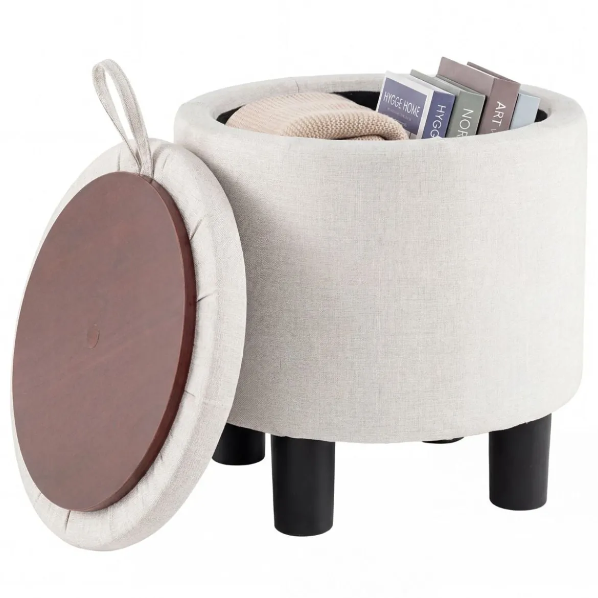 Runder Sitzhocker aus Leinen Ø38 cm gepolsterter Fußhocker mit Stauraum Beige