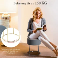 Runder Sitzhocker Fußhocker aus Samt mit Metallbeinen Schminkhocker gepolstert bis 150 kg belastbar Rosa/Grau