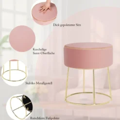 Runder Sitzhocker Fußhocker aus Samt mit Metallbeinen Schminkhocker gepolstert bis 150 kg belastbar Rosa/Grau