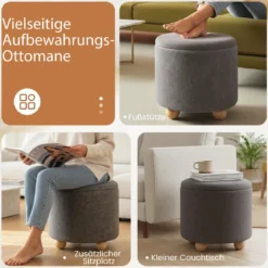 Runder Sitzhocker mit Abnehmbarem Deckel & Holzbeine Polsterhocker Schminkhocker Grau