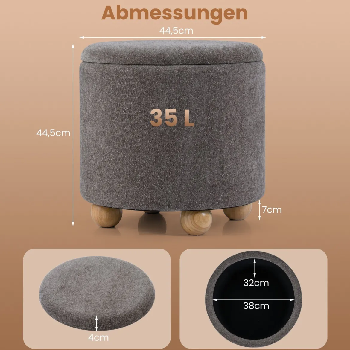Runder Sitzhocker mit Abnehmbarem Deckel & Holzbeine Polsterhocker Schminkhocker Grau
