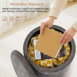 Runder Sitzhocker mit Abnehmbarem Deckel & Holzbeine Polsterhocker Schminkhocker Grau