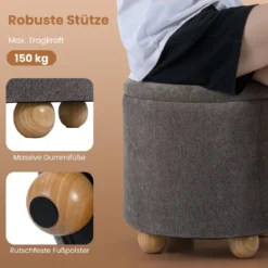Runder Sitzhocker mit Abnehmbarem Deckel & Holzbeine Polsterhocker Schminkhocker Grau