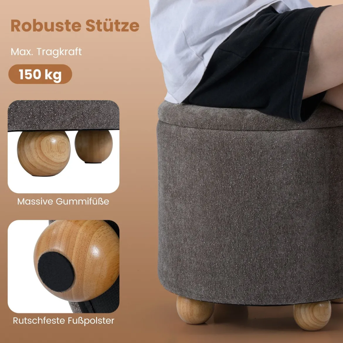 Runder Sitzhocker mit Abnehmbarem Deckel & Holzbeine Polsterhocker Schminkhocker Grau