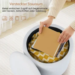 Runder Sitzhocker mit Abnehmbarem Deckel & Holzbeine Schminkhocker Polsterhocker Weiß