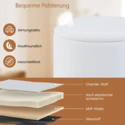 Runder Sitzhocker mit Abnehmbarem Deckel & Holzbeine Schminkhocker Polsterhocker Weiß
