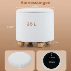 Runder Sitzhocker mit Abnehmbarem Deckel & Holzbeine Schminkhocker Polsterhocker Weiß