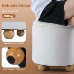 Runder Sitzhocker mit Abnehmbarem Deckel & Holzbeine Schminkhocker Polsterhocker Weiß