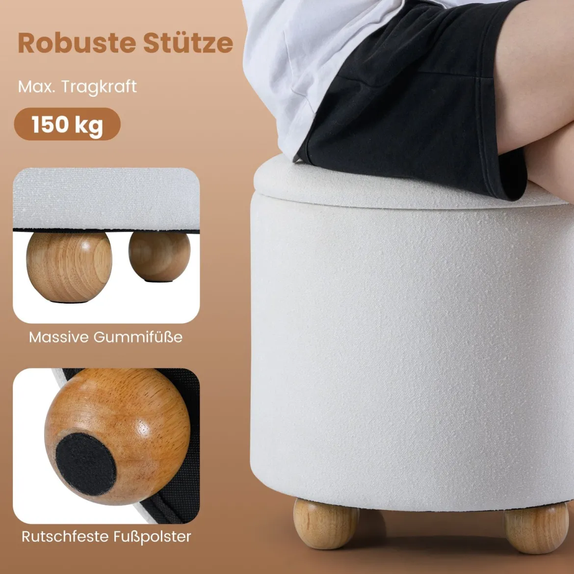 Runder Sitzhocker mit Abnehmbarem Deckel & Holzbeine Schminkhocker Polsterhocker Weiß
