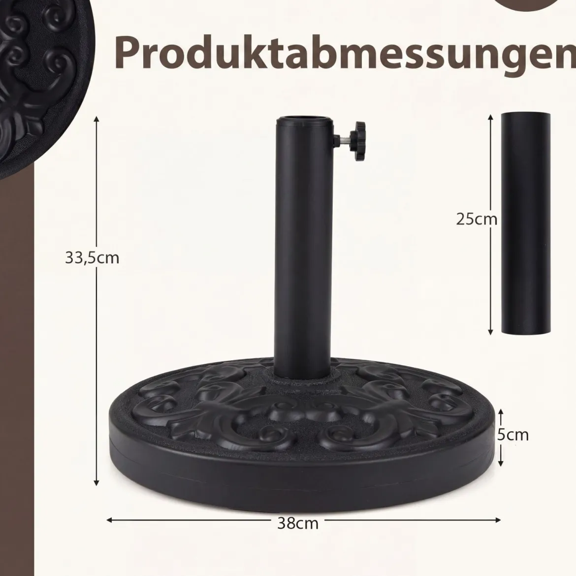 Runder Sonnenschirmständer für 38/48 mm Schirmstangen 12 kg Schirmständer aus Beton Schwarz
