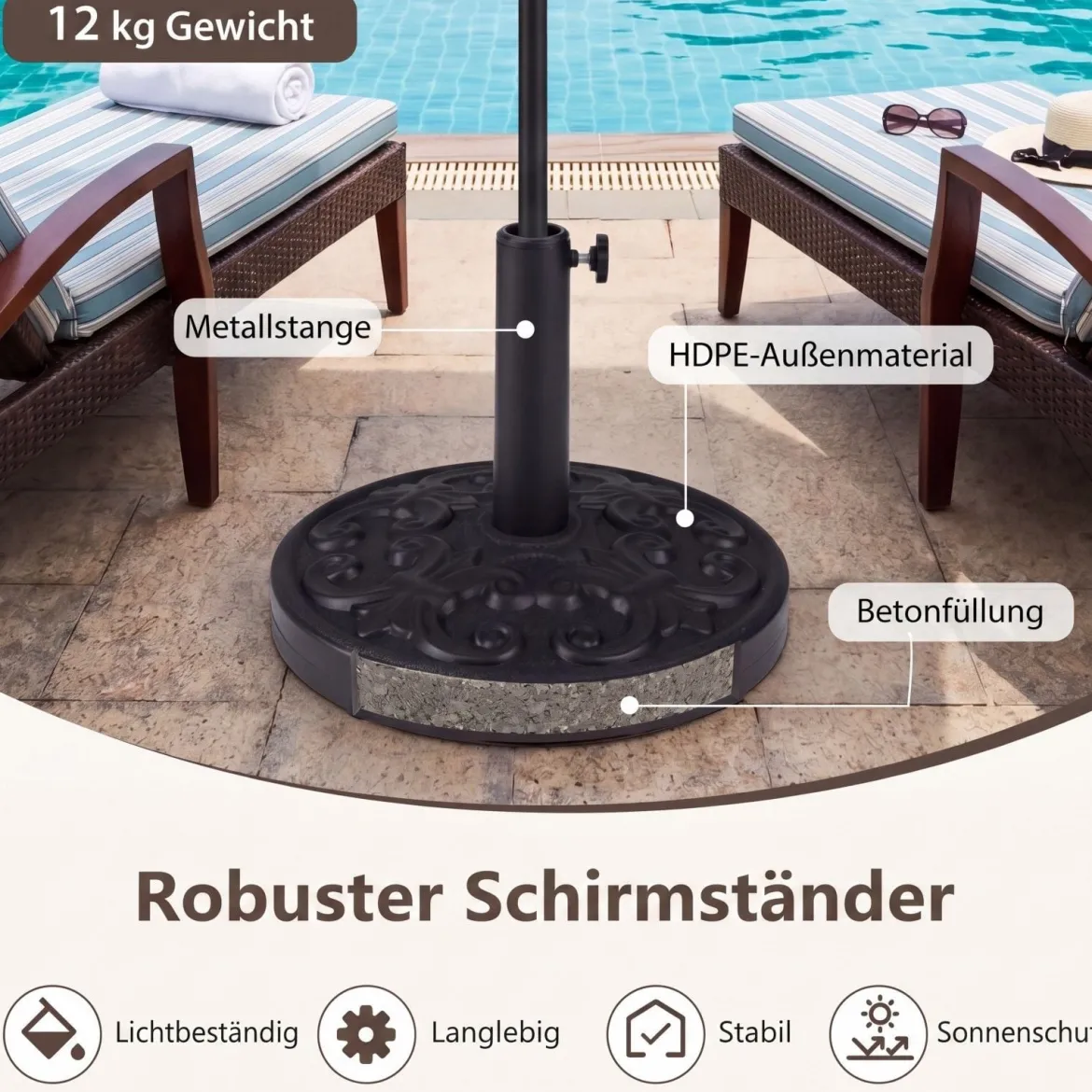 Runder Sonnenschirmständer für 38/48 mm Schirmstangen 12 kg Schirmständer aus Beton Schwarz