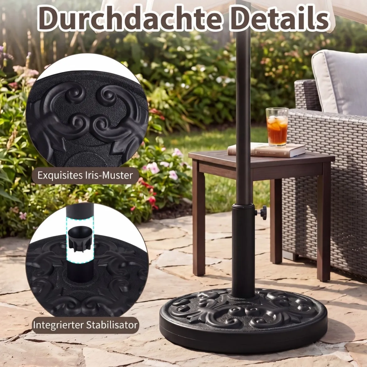 Runder Sonnenschirmständer für 38/48 mm Schirmstangen 12 kg Schirmständer aus Beton Schwarz