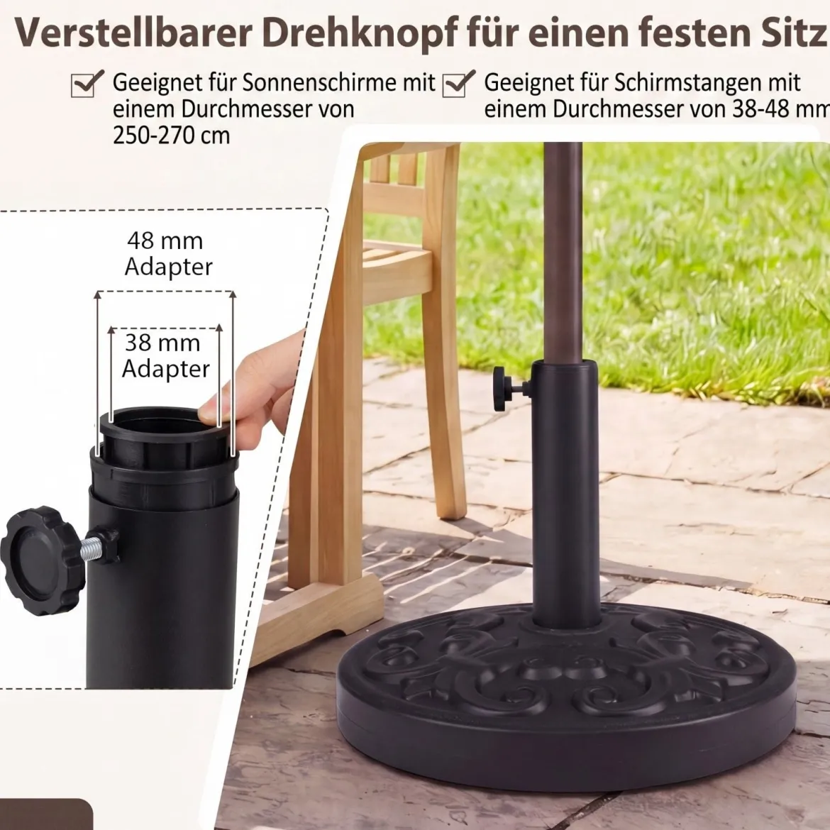 Runder Sonnenschirmständer für 38/48 mm Schirmstangen 12 kg Schirmständer aus Beton Schwarz