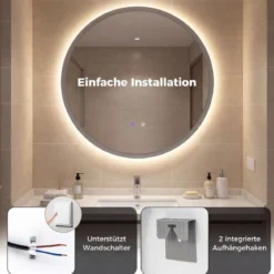Runder Spiegel mit 3 Lichtfarben & Stufenlose Dimmung & Anti-Beschlag Wandspiegel Ø60 cm