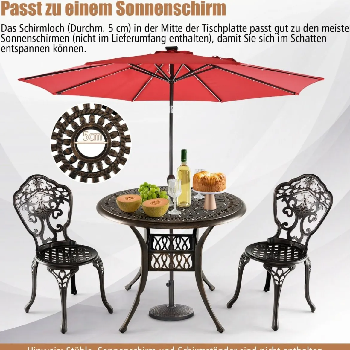 Runder Terrassen-Esstisch Bistrotisch aus Aluminiumguss mit Schirmloch Ø90 x 74 cm Braun