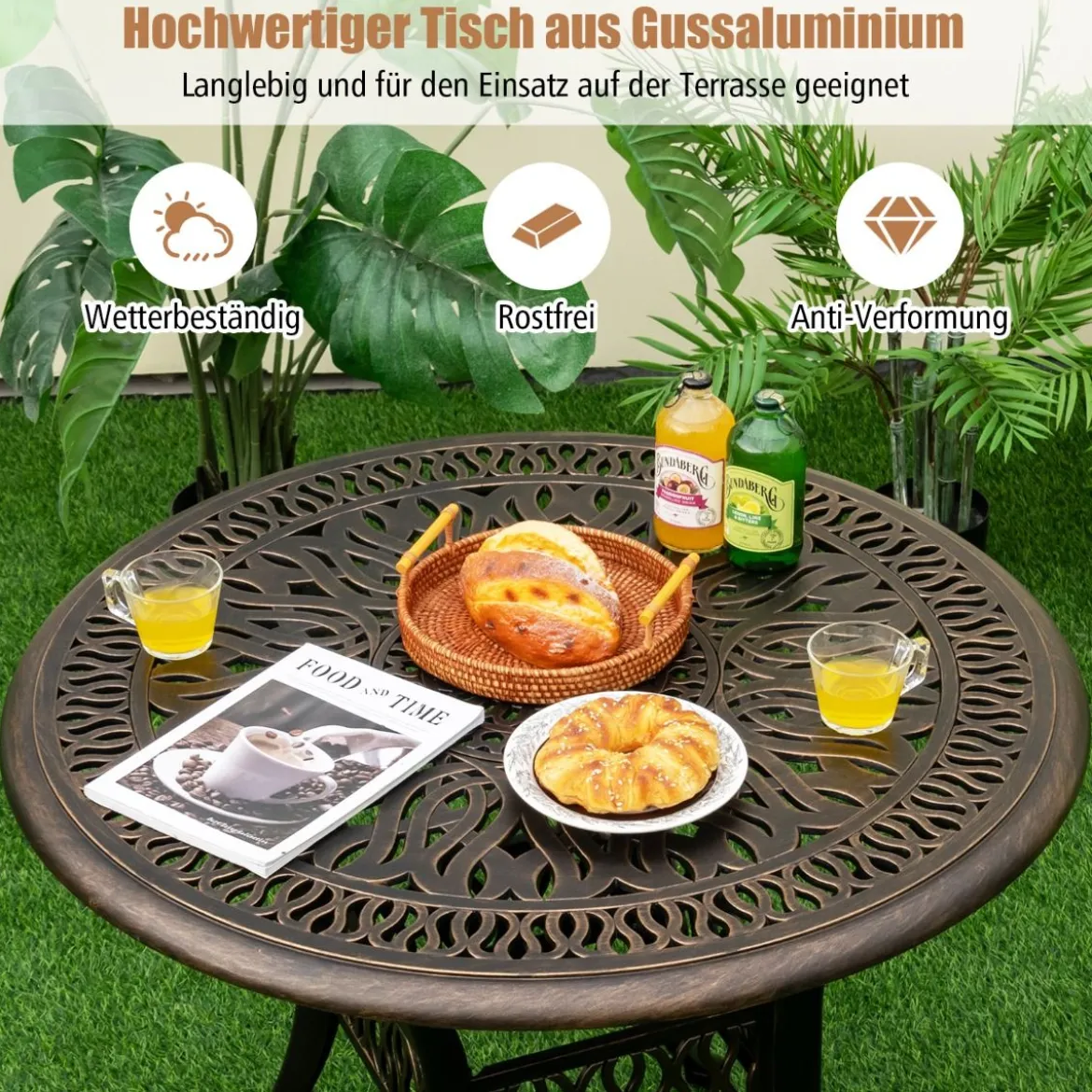 Runder Terrassen-Esstisch Bistrotisch aus Aluminiumguss mit Schirmloch Ø90 x 74 cm Braun