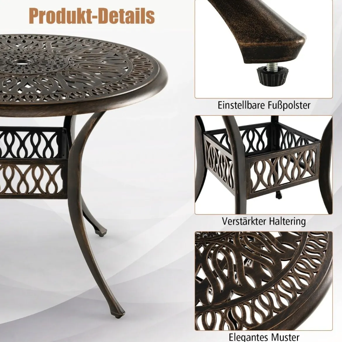 Runder Terrassen-Esstisch Bistrotisch aus Aluminiumguss mit Schirmloch Ø90 x 74 cm Braun