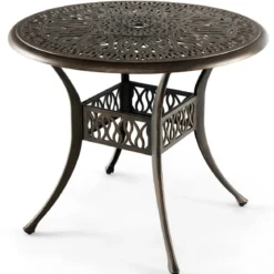 Runder Terrassen-Esstisch Bistrotisch aus Aluminiumguss mit Schirmloch Ø90 x 74 cm Braun