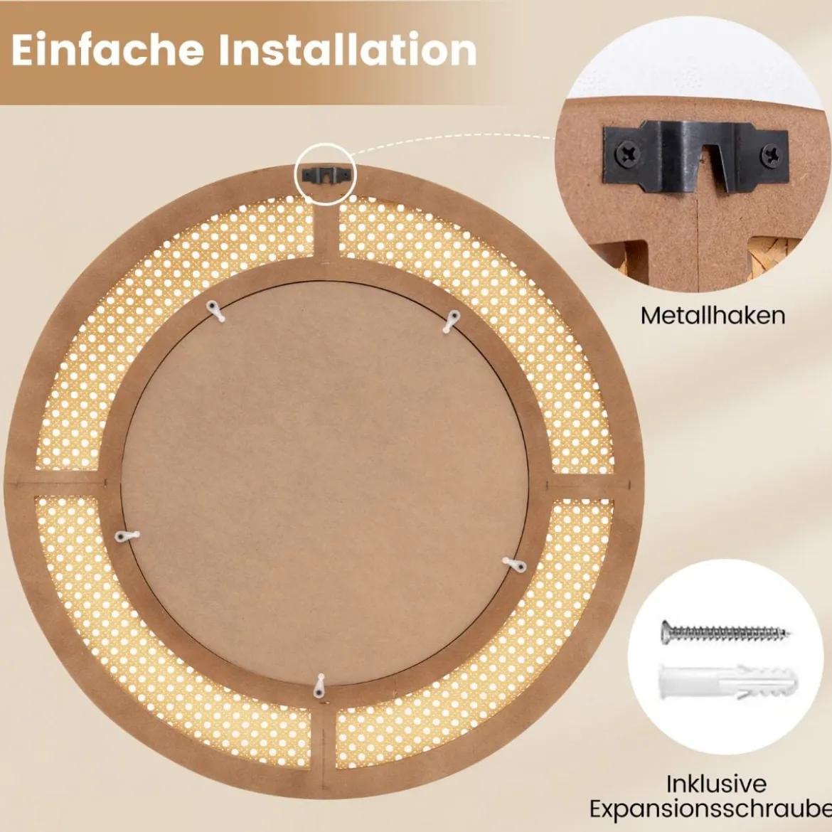 Runder Wandspiegel Rattan ∅ 65 cm dekorativer Spiegel mit Holzrahmen Natur