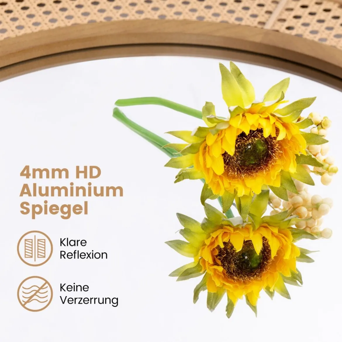 Runder Wandspiegel Rattan ∅ 65 cm dekorativer Spiegel mit Holzrahmen Natur