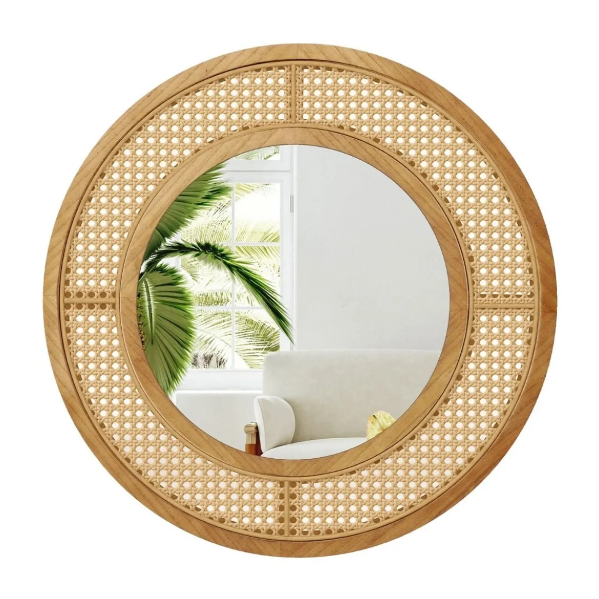 Runder Wandspiegel Rattan ∅ 65 cm dekorativer Spiegel mit Holzrahmen Natur